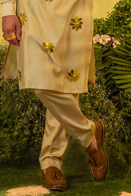 Shop_Runit Gupta_Cream Chanderi Silk, Velvet Mirrors Motif Embroidered Kurta And Pant Set _Online_at_Aza_Fashions