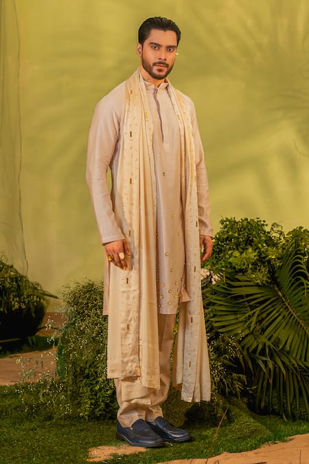 Buy_Runit Gupta_Peach Chanderi , Mirrors Motif Kurta Set _Online_at_Aza_Fashions