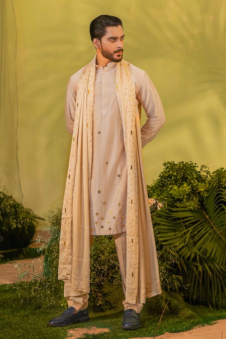 Shop_Runit Gupta_Peach Chanderi , Mirrors Motif Kurta Set _Online_at_Aza_Fashions