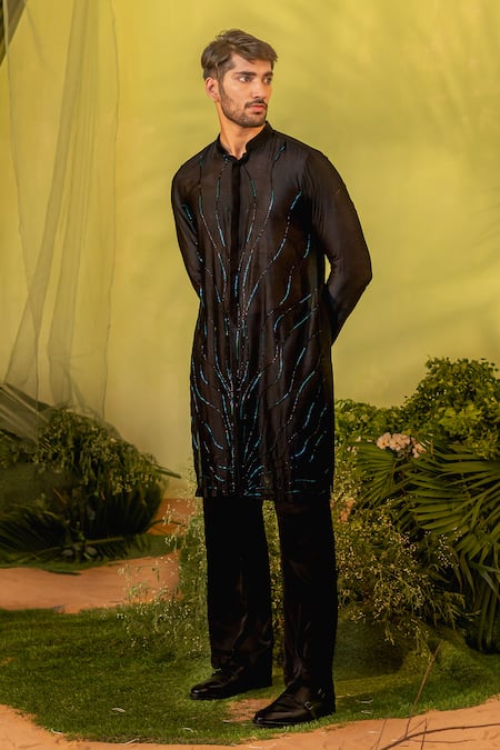 Runit Gupta_Black Chanderi Silk, Velvet Cut Work Cutpipe Embroidered Kurta And Pant Set _Online_at_Aza_Fashions