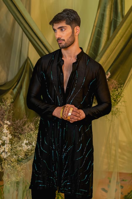 Runit Gupta_Black Chanderi Silk, Velvet Cut Work Cutpipe Embroidered Kurta And Pant Set _at_Aza_Fashions