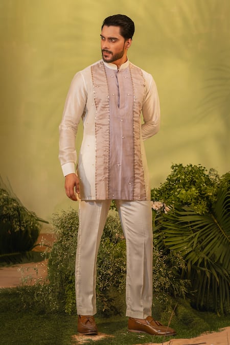 Runit Gupta_Multi Color Chanderi Silk, Velvet Multicolored Patchwork Kurta And Pant Set _Online_at_Aza_Fashions