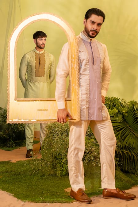 Shop_Runit Gupta_Multi Color Chanderi Silk, Velvet Multicolored Patchwork Kurta And Pant Set 