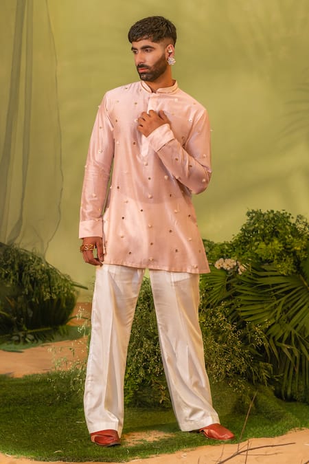 Runit Gupta_Pink Chanderi Silk, Velvet Mirrors Circle Embroidered Kurta And Pant Set _Online_at_Aza_Fashions