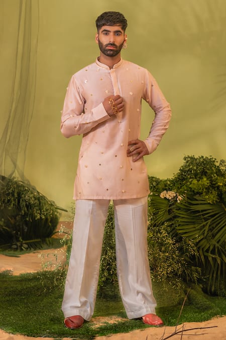 Buy_Runit Gupta_Pink Chanderi Silk, Velvet Mirrors Circle Embroidered Kurta And Pant Set _Online_at_Aza_Fashions