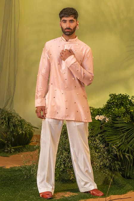 Shop_Runit Gupta_Pink Chanderi Silk, Velvet Mirrors Circle Embroidered Kurta And Pant Set _Online_at_Aza_Fashions