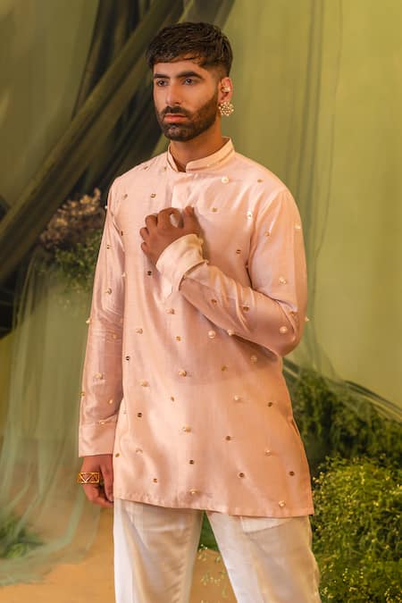 Runit Gupta_Pink Chanderi Silk, Velvet Mirrors Circle Embroidered Kurta And Pant Set _at_Aza_Fashions