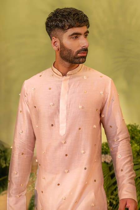 Buy_Runit Gupta_Pink Chanderi Silk, Velvet Mirrors Circle Embroidered Kurta And Pant Set 