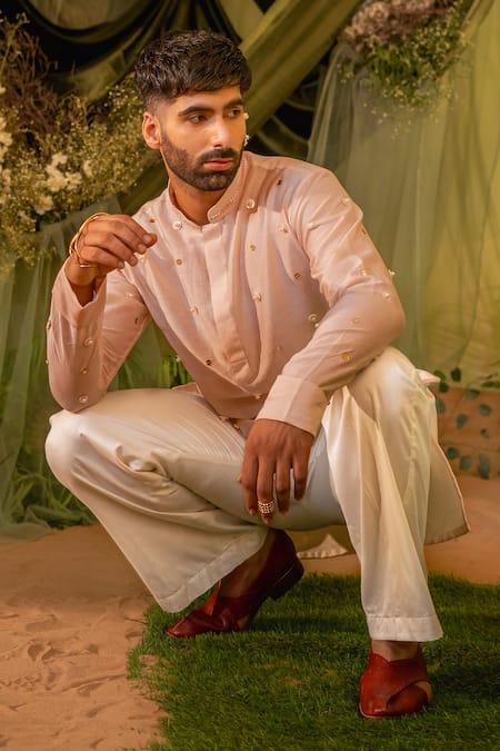 Shop_Runit Gupta_Pink Chanderi Silk, Velvet Mirrors Circle Embroidered Kurta And Pant Set 