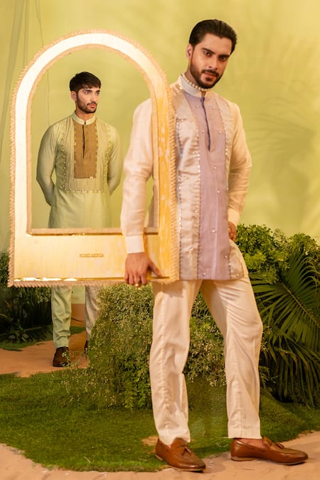 Buy_Runit Gupta_Green Chanderi Silk, Velvet Patchwork Yoke Kurta And Pant Set _Online_at_Aza_Fashions