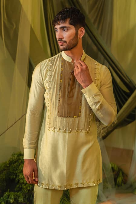 Shop_Runit Gupta_Green Chanderi Silk, Velvet Patchwork Yoke Kurta And Pant Set _Online_at_Aza_Fashions