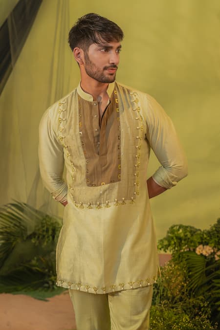 Shop_Runit Gupta_Green Chanderi Silk, Velvet Patchwork Yoke Kurta And Pant Set 