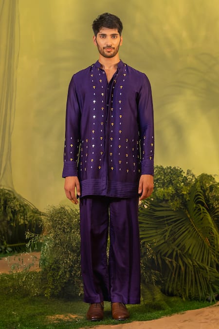 Buy_Runit Gupta_Purple Chanderi Silk, Velvet Mirrors, Beads Embroidered Kurta And Pant Set _Online_at_Aza_Fashions