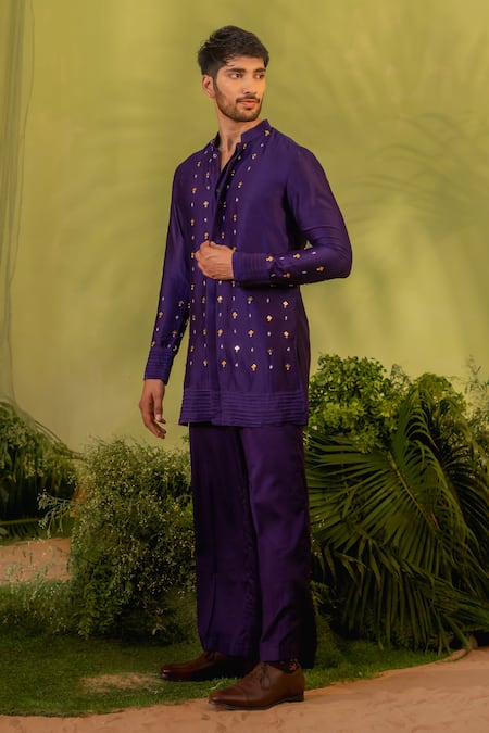 Shop_Runit Gupta_Purple Chanderi Silk, Velvet Mirrors, Beads Embroidered Kurta And Pant Set _Online_at_Aza_Fashions