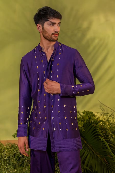 Runit Gupta_Purple Chanderi Silk, Velvet Mirrors, Beads Embroidered Kurta And Pant Set _at_Aza_Fashions