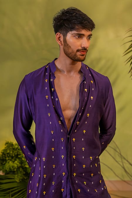 Buy_Runit Gupta_Purple Chanderi Silk, Velvet Mirrors, Beads Embroidered Kurta And Pant Set 