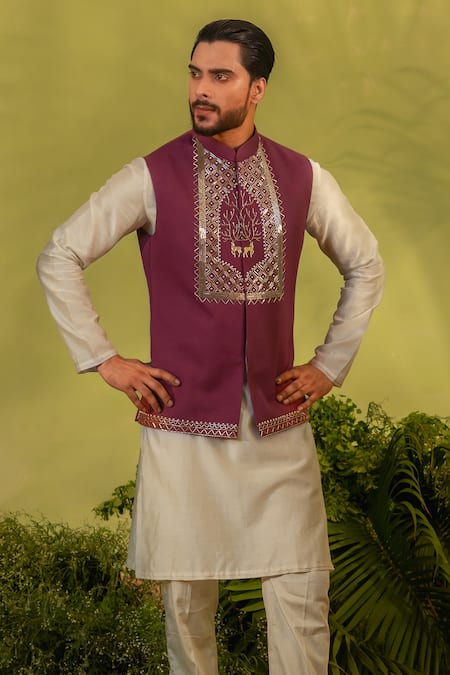 Runit Gupta_Ivory Chanderi Silk, Velvet Sequins, Embroidery Kurta And Pant Set _Online_at_Aza_Fashions