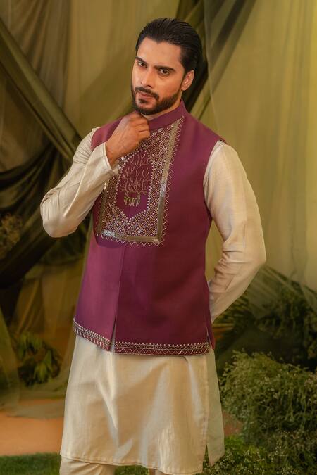 Shop_Runit Gupta_Ivory Chanderi Silk, Velvet Sequins, Embroidery Kurta And Pant Set _Online_at_Aza_Fashions