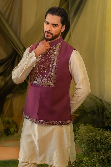 Buy_Runit Gupta_Wine Linen, Cotton Cut Work, Pearls Embroidered Cutdana Bundi _Online_at_Aza_Fashions