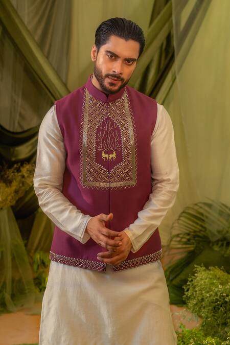 Shop_Runit Gupta_Wine Linen, Cotton Cut Work, Pearls Embroidered Cutdana Bundi _Online_at_Aza_Fashions