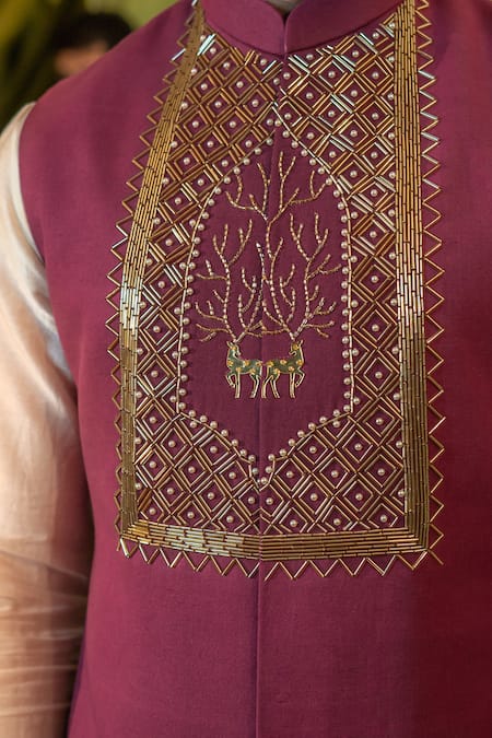 Buy_Runit Gupta_Wine Linen, Cotton Cut Work, Pearls Embroidered Cutdana Bundi 