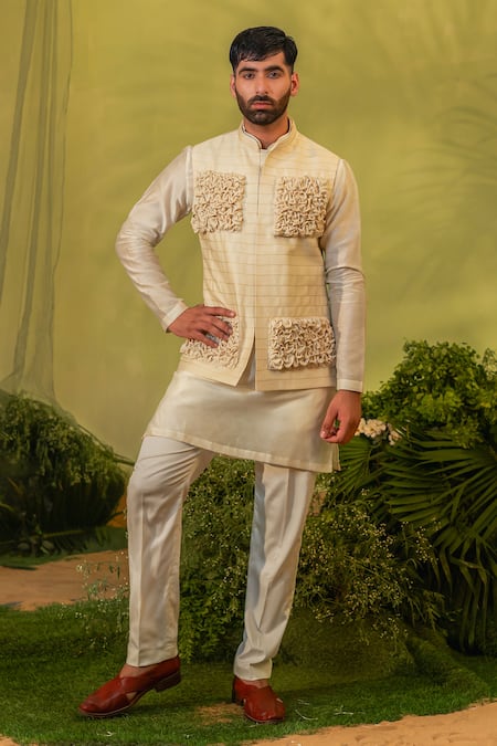 Runit Gupta Ivory Double Collared Kurta & Pant Set 