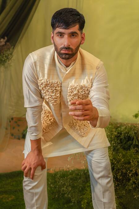 Shop_Runit Gupta_Cream Chanderi Silk Smocking Smocked Zari Work Bundi _Online_at_Aza_Fashions