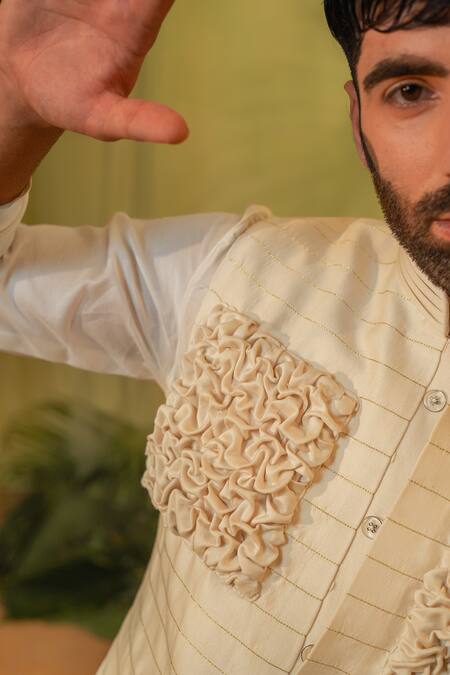 Runit Gupta_Cream Chanderi Silk Smocking Smocked Zari Work Bundi _at_Aza_Fashions