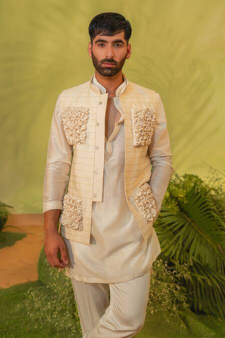 Shop_Runit Gupta_Cream Chanderi Silk Smocking Smocked Zari Work Bundi 