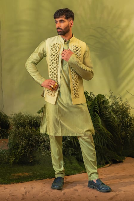 Runit Gupta_Green Chanderi Silk, Velvet Kurta And Pant Set _Online_at_Aza_Fashions