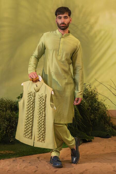 Buy_Runit Gupta_Green Chanderi Silk, Velvet Kurta And Pant Set _Online_at_Aza_Fashions