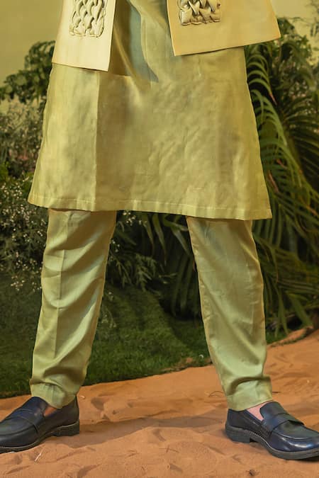 Shop_Runit Gupta_Green Chanderi Silk, Velvet Kurta And Pant Set _Online_at_Aza_Fashions