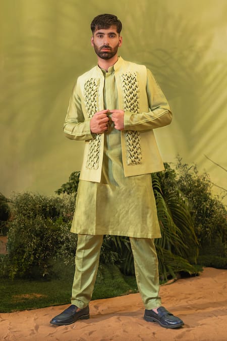Runit Gupta_Green Chanderi Silk, Velvet Kurta And Pant Set _at_Aza_Fashions