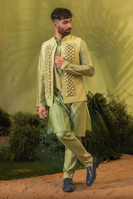 Buy_Runit Gupta_Green Chanderi Silk, Velvet Kurta And Pant Set 
