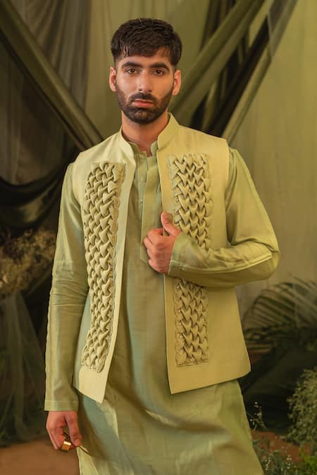 Shop_Runit Gupta_Green Chanderi Silk, Velvet Kurta And Pant Set 