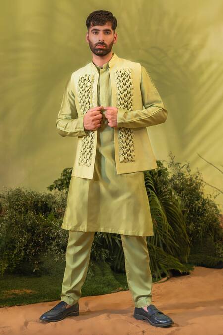 Runit Gupta Cutpipe Embroidered Green Bundi 