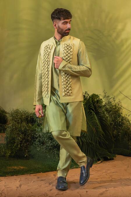 Shop_Runit Gupta_Green Chanderi Silk Smocking Cutpipe Embroidered Bundi _Online_at_Aza_Fashions