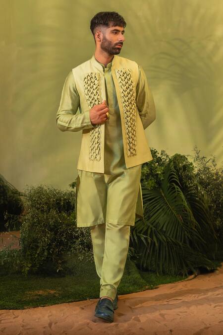 Runit Gupta_Green Chanderi Silk Smocking Cutpipe Embroidered Bundi _at_Aza_Fashions