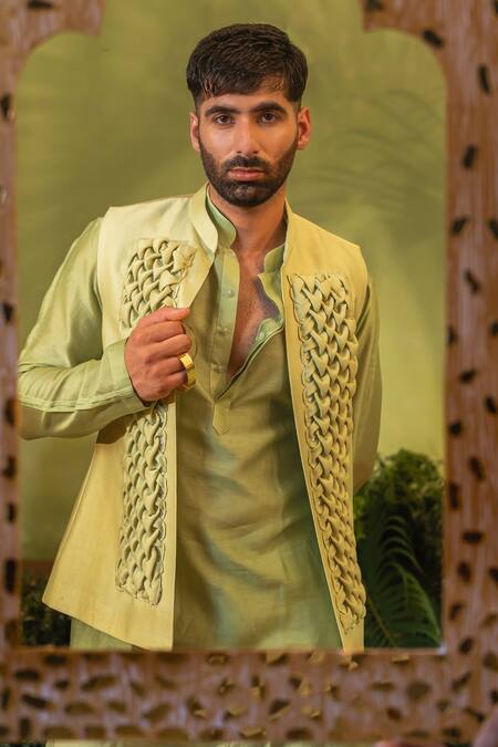 Buy_Runit Gupta_Green Chanderi Silk Smocking Cutpipe Embroidered Bundi 