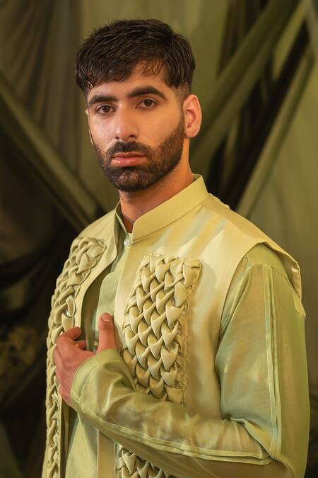 Shop_Runit Gupta_Green Chanderi Silk Smocking Cutpipe Embroidered Bundi 