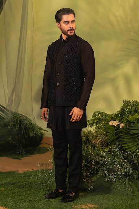 Shop_Runit Gupta_Black Chanderi Silk, Velvet Smocked Kurta And Pant Set _at_Aza_Fashions