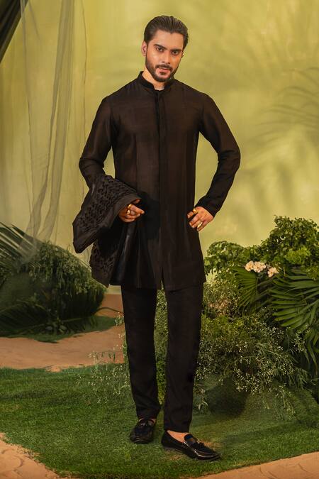 Runit Gupta_Black Chanderi Silk, Velvet Smocked Kurta And Pant Set _Online_at_Aza_Fashions