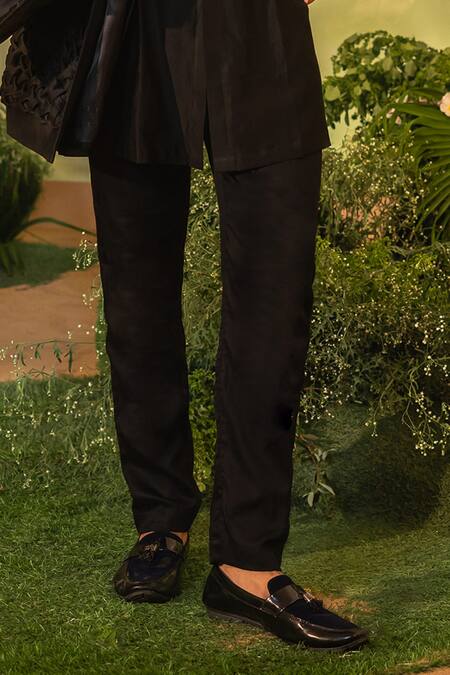 Buy_Runit Gupta_Black Chanderi Silk, Velvet Smocked Kurta And Pant Set _Online_at_Aza_Fashions