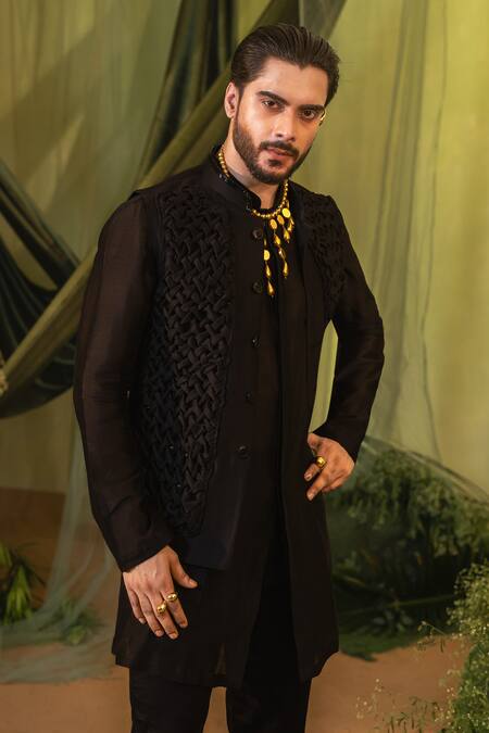 Runit Gupta_Black Chanderi Silk, Velvet Smocked Kurta And Pant Set _at_Aza_Fashions