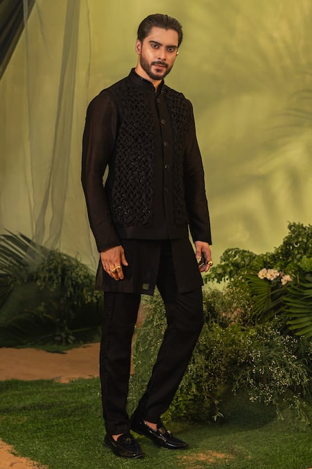 Runit Gupta Black Smocking Detail Bundi 