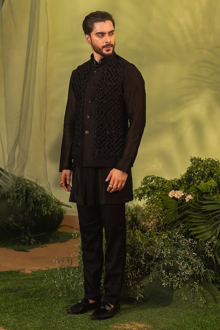 Buy_Runit Gupta_Black Chanderi Silk Smocking Detail Bundi _Online_at_Aza_Fashions