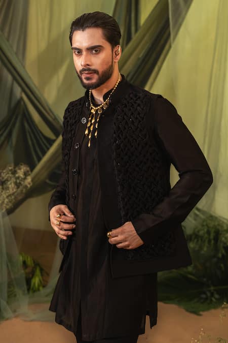 Shop_Runit Gupta_Black Chanderi Silk Smocking Detail Bundi _Online_at_Aza_Fashions