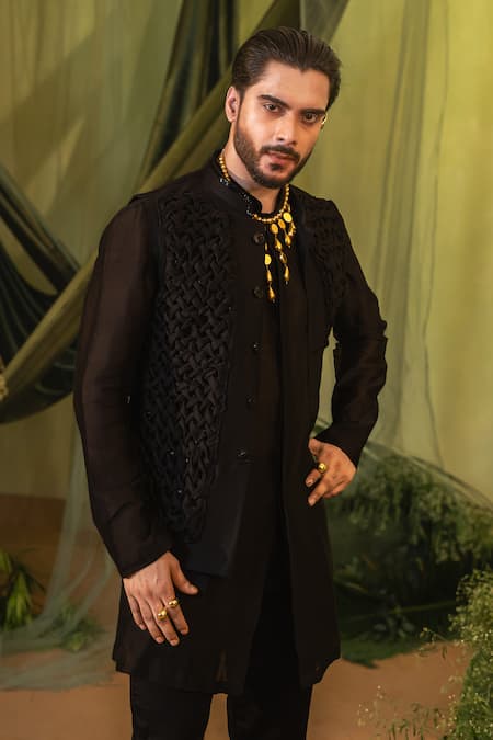 Runit Gupta_Black Chanderi Silk Smocking Detail Bundi _at_Aza_Fashions