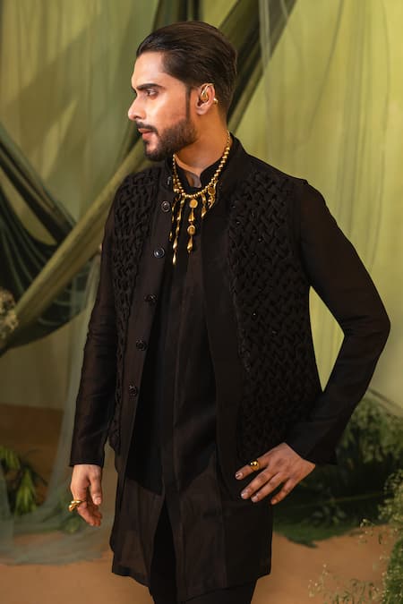 Buy_Runit Gupta_Black Chanderi Silk Smocking Detail Bundi 