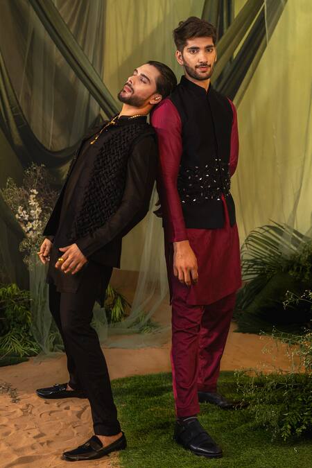 Runit Gupta_Red Chanderi Silk, Velvet Plain Long Kurta And Pant Set _at_Aza_Fashions